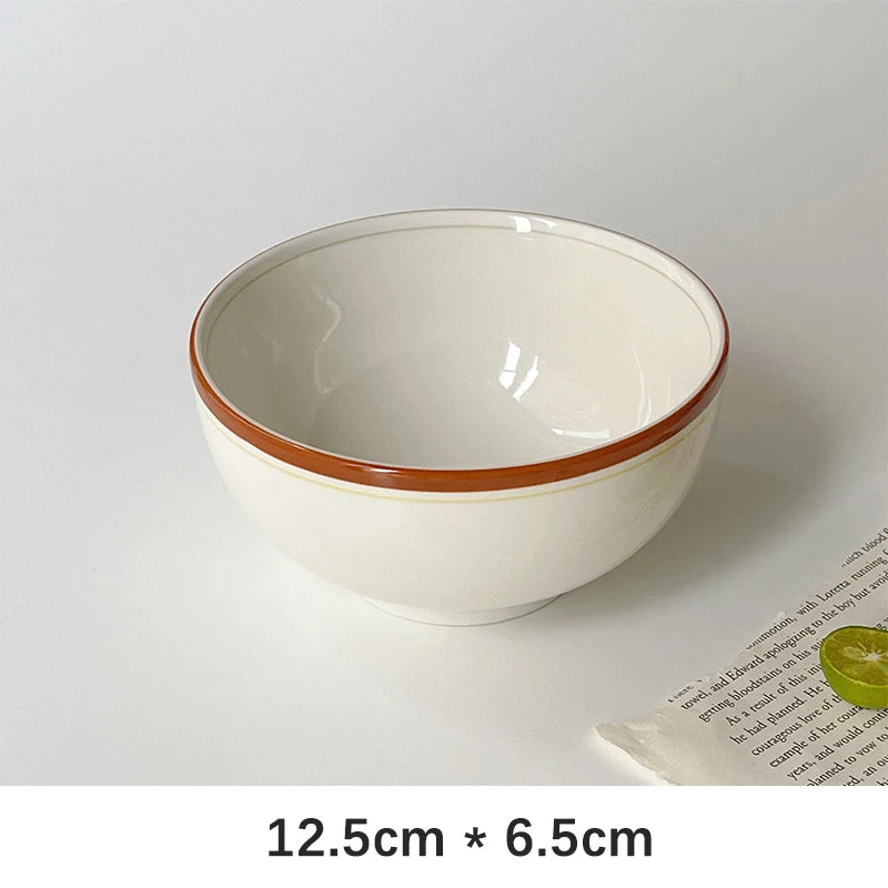 Korean Style Ins Ceramic Bowl Vintage Line Round Porcelain Tableware Breakfast Yogurt Milk Oats Lunch Rice Bowls Personal Items