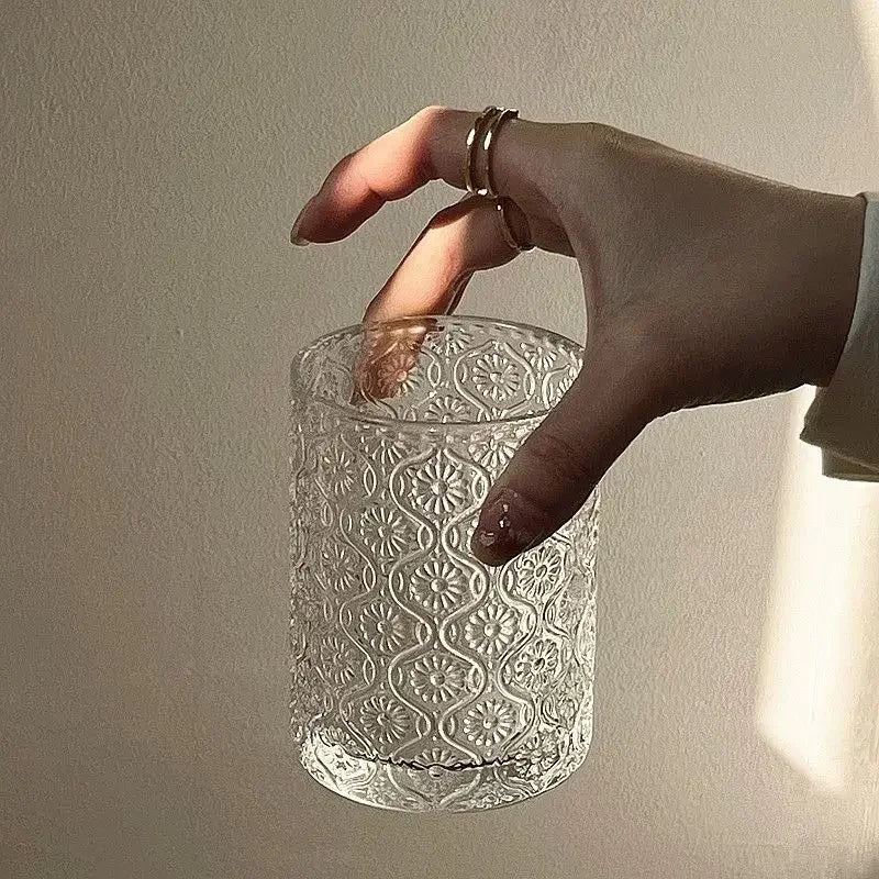 Ins Begonia Carved Glass Simple Ice American Latte Cup Milk Drink Cup Household Water Cup