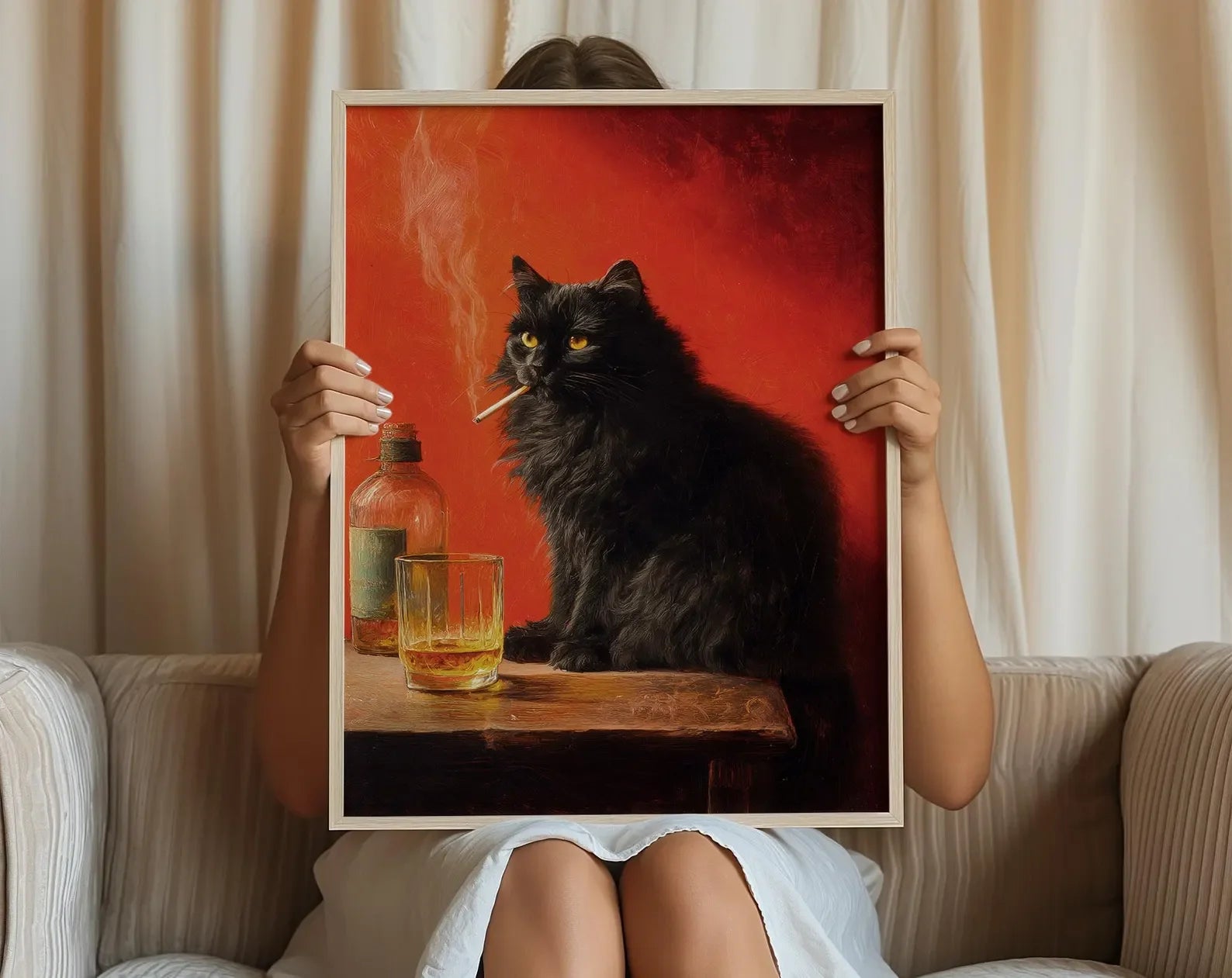 Black Cat Smoking a Cigarette Poster, Vintage Print, Whimsical Wall Art, Funny Animal Art, Poster for Bar Cart, Quirky Kitchen W