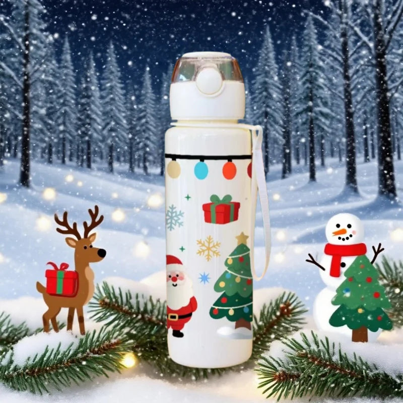 3D Print Christmas Water Bottle with Cute Santa Reindeer Design 700ML Cartoon Cute High Appearance Plastic Water Cup,Leak-Proof