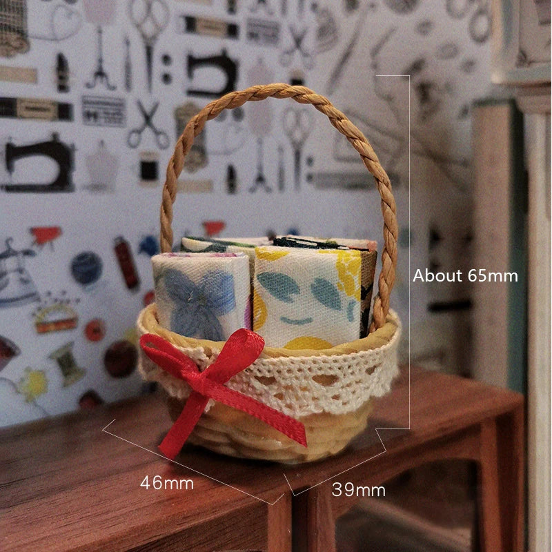 1/12 Dollhouse Simulation Mini Woven Fabric Basket Dollhouse Sewing Scene Decoration Accessories Dolls House Photo Props