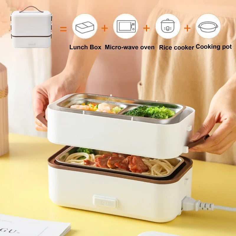 110V/220V Electric Lunch Box Office 304 Stainless Steel Quick Heating Bento Box Portable Fast Food Warmer Warming Pot 1.2L