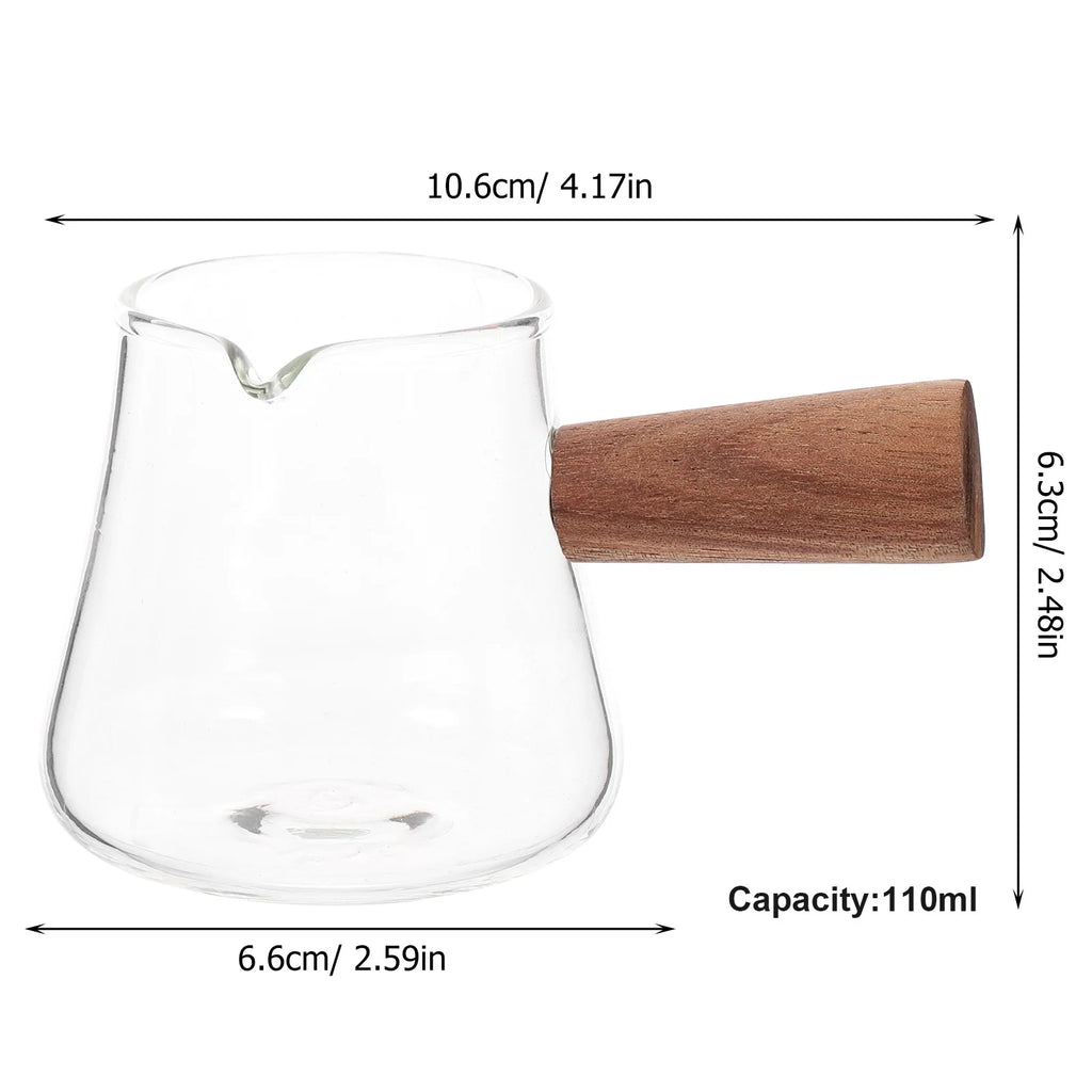 Glass Milk Creamer Pitcher Wood Handle Elegant Design No Drip Mouth Suitable for Coffee Dairy and Tableware Milk Pitcher Cup
