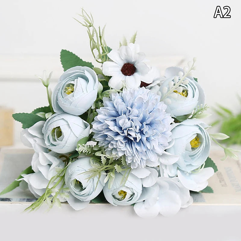 Artificial 1PC Flowers Wedding Home Bedroom Decoration Bridal Bouquet Garden Fake Silk Roses Hydrangeas Vase For Board Outdoors