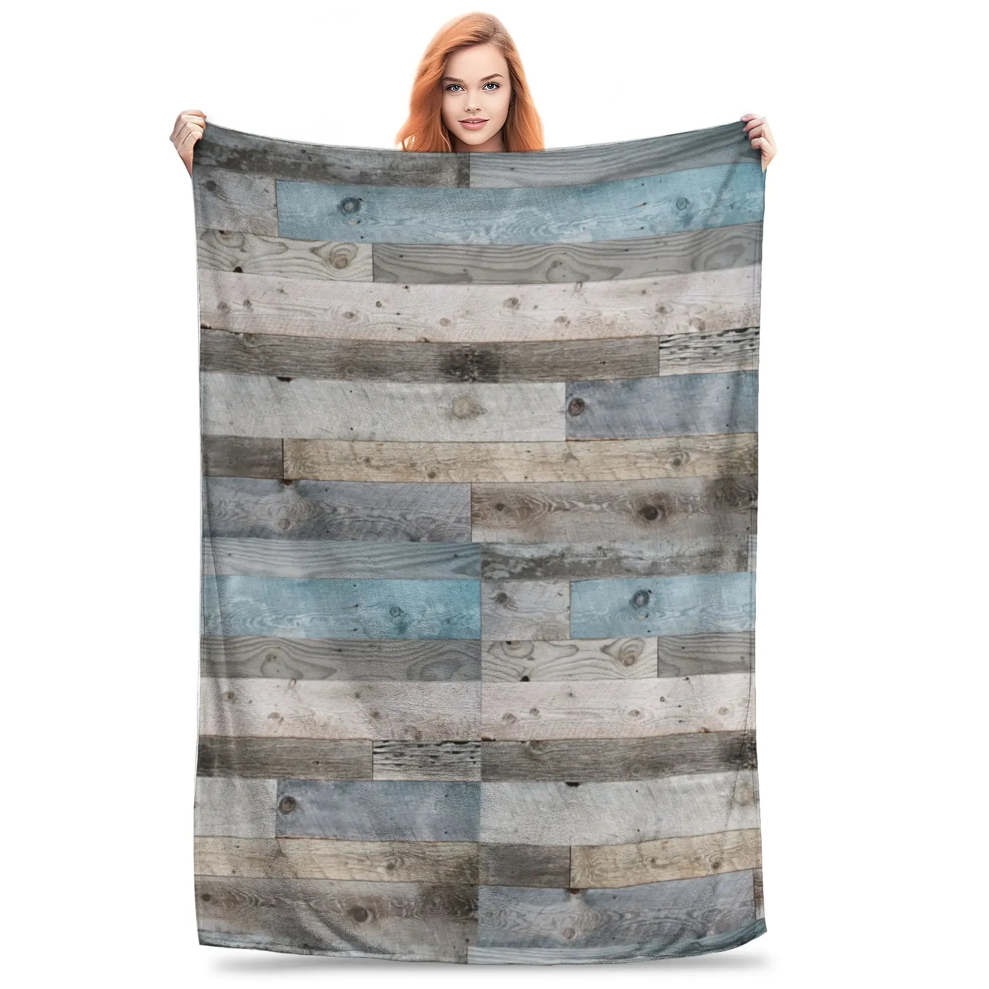 Rustic Countryside Farmhouse Print Blanket Warm Cozy Fluffy Pale Faded Wood Planks Printed Throw Blankets for Bed Multiple Sizes