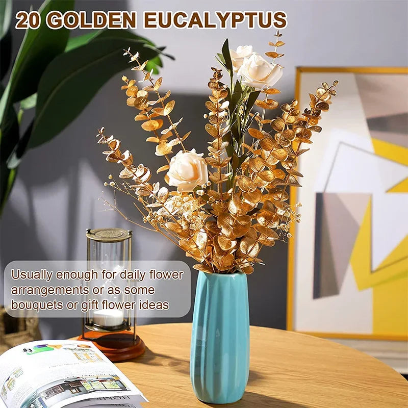 10pcs Artificial Eucalyptus Leaf Wedding Home Decoration Stem Eucalyptus Leaf Golden Green Wedding Decoration Fake Plant Leaves