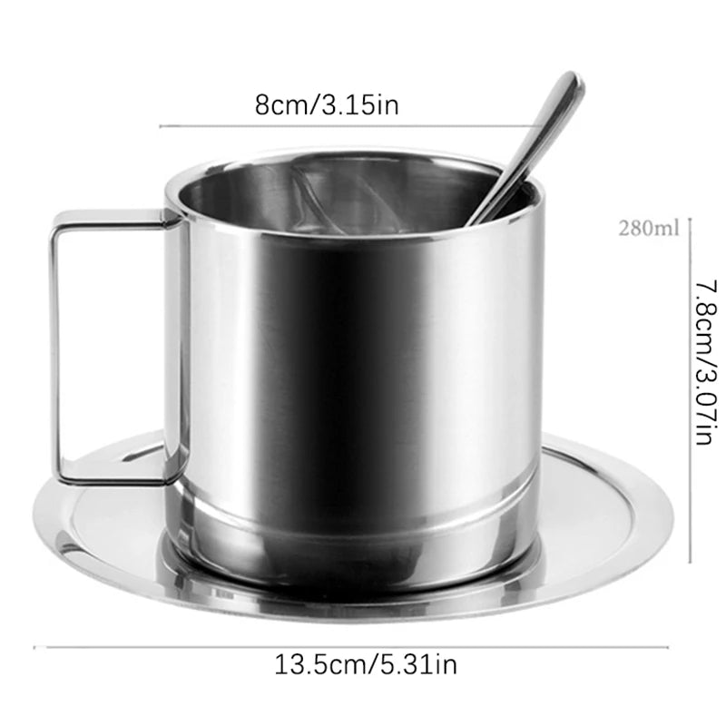 3pcs Stainless Steel Coffee Cup Set Double Walled Heat Resistant Mug With Saucer Spoon Drink Tableware Kitchen Cafe Accessories