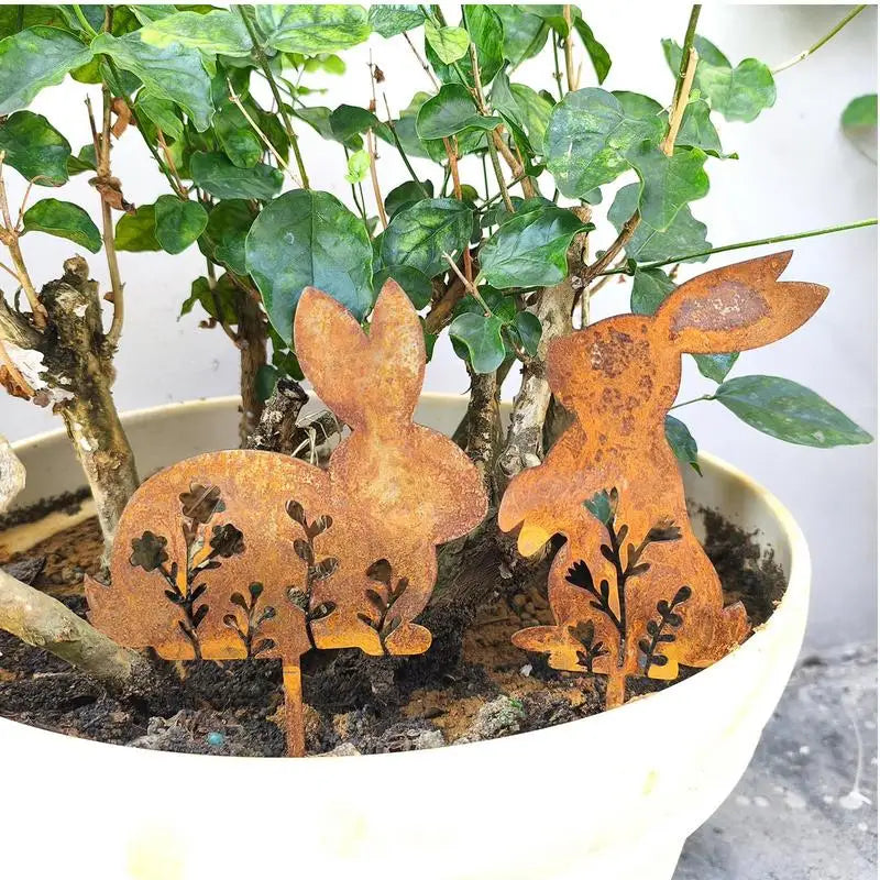 Iron Art Rabbit Garden Stakes Easter Rabbit Silhouette Set Outdoor Garden Backyard Decor Rabbit Figurine Flower Pot Grass Plugin