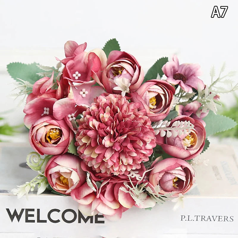 Artificial 1PC Flowers Wedding Home Bedroom Decoration Bridal Bouquet Garden Fake Silk Roses Hydrangeas Vase For Board Outdoors