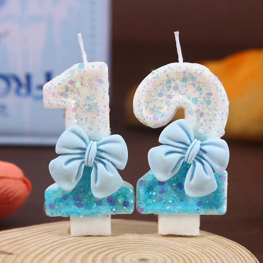 Blue and White Color Block Sequin Bow Digital Candle Birthday Party Cake Candle Creative Super Shiny Candle