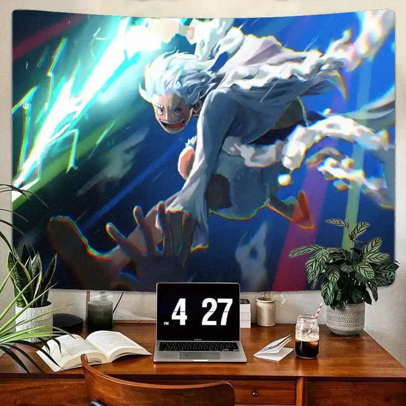 1PC Anime White Hair Blue Attire Dynamic Pose Tapestry, Glowing Lightning Energy Trail Wall Art, Blue Background for Bedroom Liv