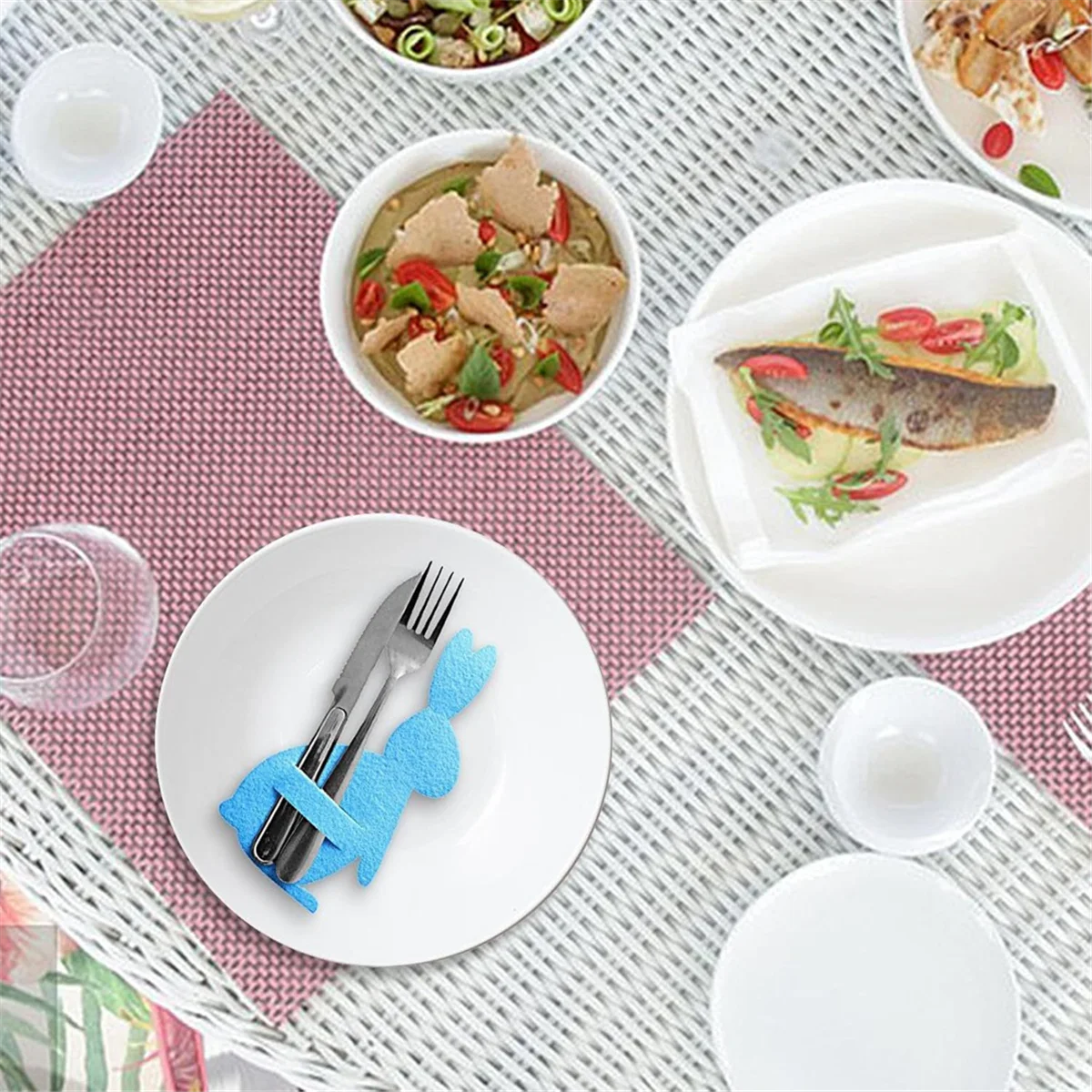 ATTU Cutlery Storage Bag Easter Bunny Cutlery Set Knife and Fork Bag Happy Easter Decorative Tableware Accessories Blue