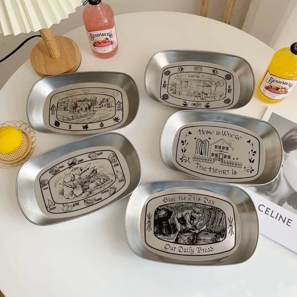 Retro Fruit Plate European Snack Plate Tinplate Restaurant Pastry Dish Metal Dried Fruit Dinner Tray Outdoor Picnic Tableware
