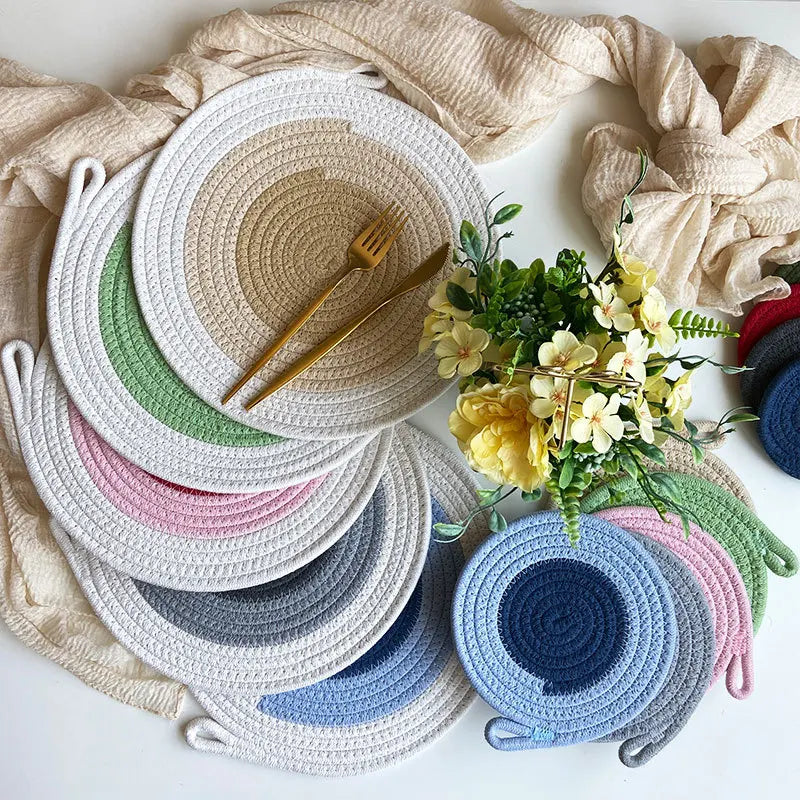 Colored Placemat Pastoral Style Thickened Insulation Cotton Linen Woven Table Mat Heat Resistant Anti Scalding Sand Pot Cup Mat