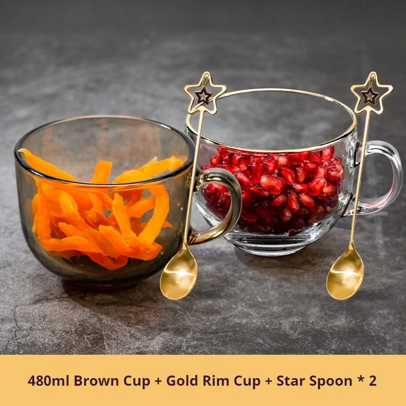 480ml Transparent Creative Glass Coffee Tea Mug Drinks Dessert Breakfast Milk Cup Glass Mugs Handle Drinkware With Cup Lid Spoon