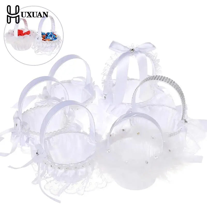 Wedding Flower Basket Bridesmaid Lace White Flower Girl Basket Vintage Rustic Wedding Ceremony Bridal Shower Table Decorations