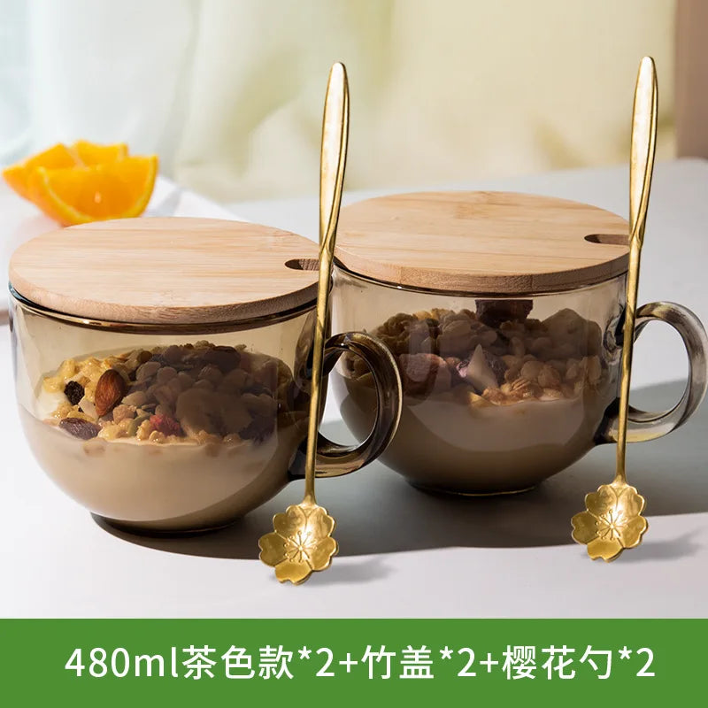 480ml Transparent Creative Glass Coffee Tea Mug Drinks Dessert Breakfast Milk Cup Glass Mugs Handle Drinkware With Cup Lid Spoon