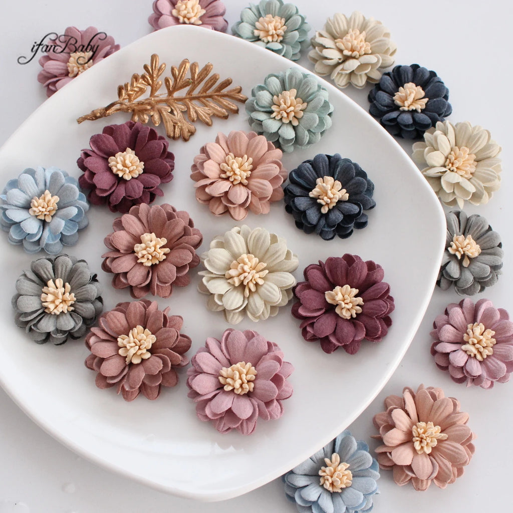 Decorative Handmade 3D Flower 4cm Synthetic Leather Flower With Stamen CRAFT Hair Appliques Embellishments Artificial Floral