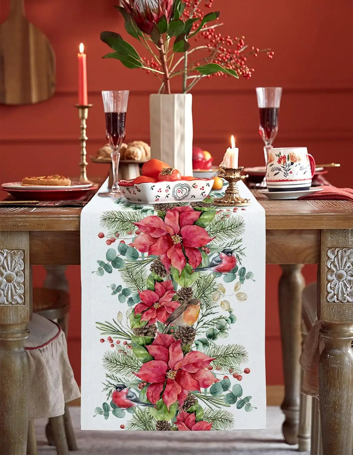 Christmas Red Flower Berry Winter Plants Linen Table Runners Wedding Decoration Washable Kitchen Dining Table Runners Decoration