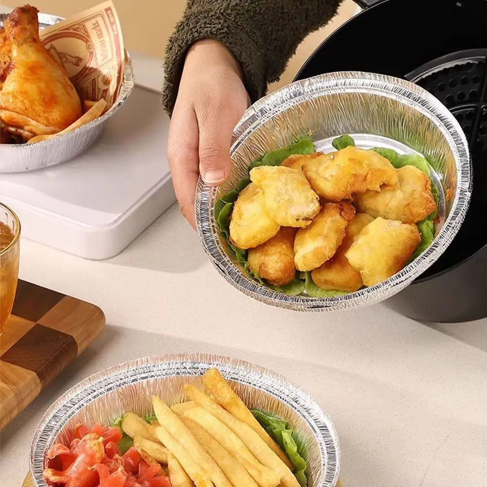 10Pcs 6/7/8 Inch Food Tin Foil Tray Reusable Non-stick Aluminum Foil Box Oven BBQ Baking Tools Oil-resistant Air Fryer Tray