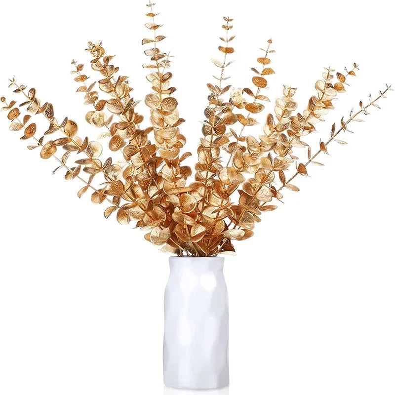 10pcs Artificial Eucalyptus Leaf Wedding Home Decoration Stem Eucalyptus Leaf Golden Green Wedding Decoration Fake Plant Leaves