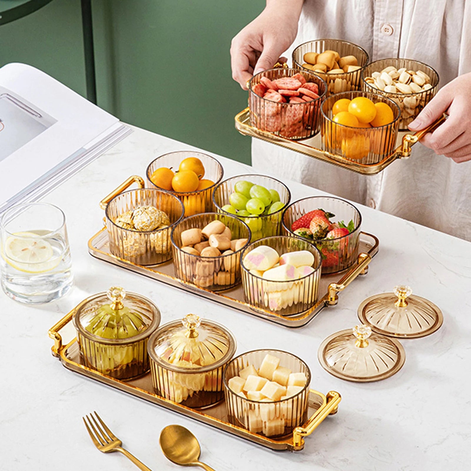 Platsic Caddy Serving Platter Condiment Tray Storage Container Dried Fruit Tray Fruit Snacks Serving Platter for Wedding Kitchen