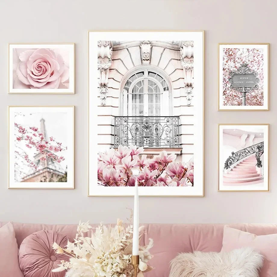 Pink Sakura Spring Paris City Landscape Rose Peony Canvas Paintings Poster Wall Art Pictures for Living Room Bedroom Home Decor