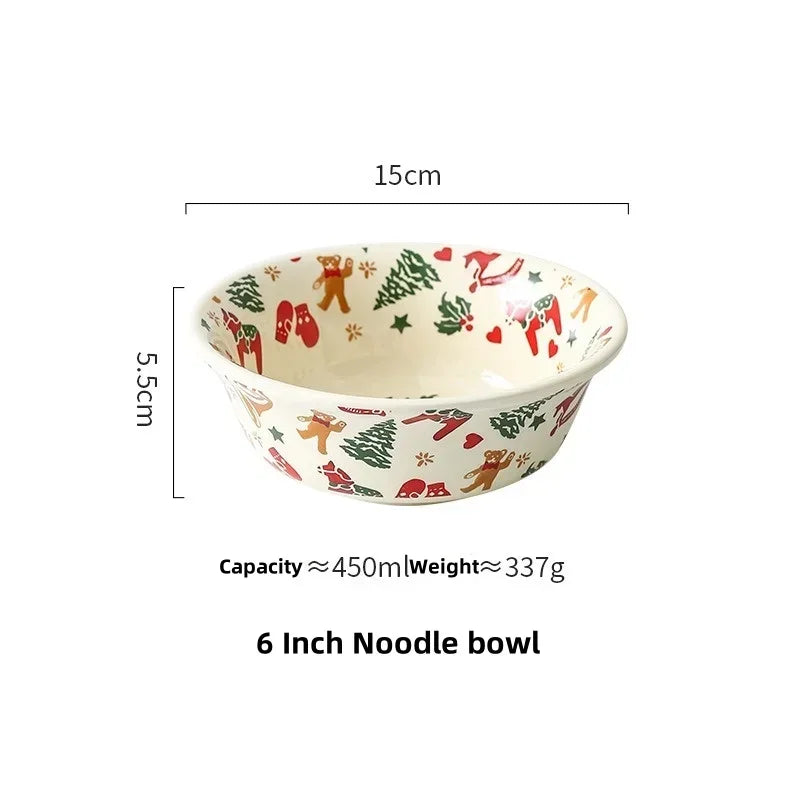 Christmas Ceramic Tableware Retro Bowls Plates Water Cup Breakfast Dessert Noodle Bowls Coffee Milk Cup Microwaveable Xmas Gift