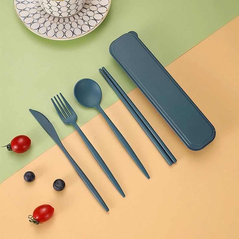 4Pcs/Set Portable Utensils With Box Healthy Eco-Friendly Wheat Straw Cutlery Reusable Chopstick Fork Knife Spoon Tableware Set