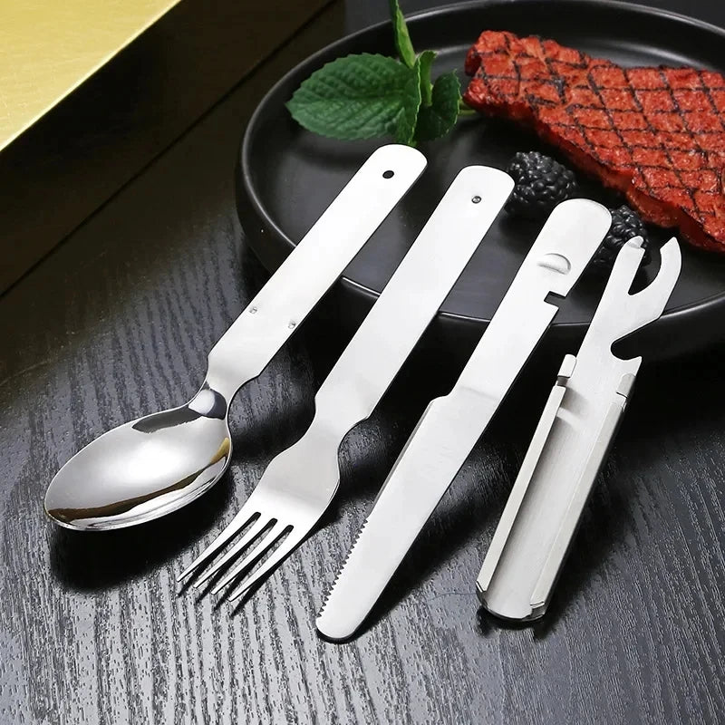 Stainless Steel Tableware Set Outdoor Household Knife Fork Spoon Travel Camping Portable Bottle Opener 4pc/set