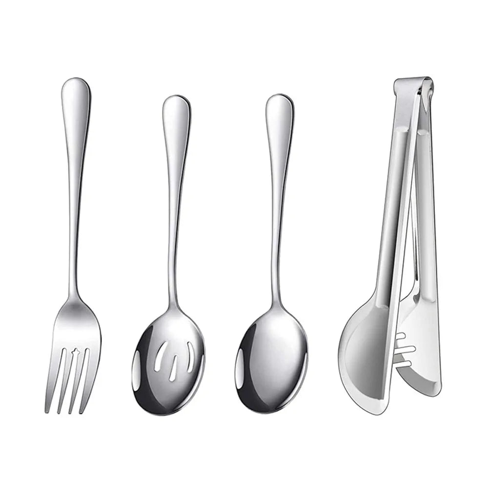 1 set 1 Set Stainless Steel Flatware Set Compact Food Tong Spoon Fork For Outdoor Bbq Restaurant Home Hotel Buffet Party Kitchen