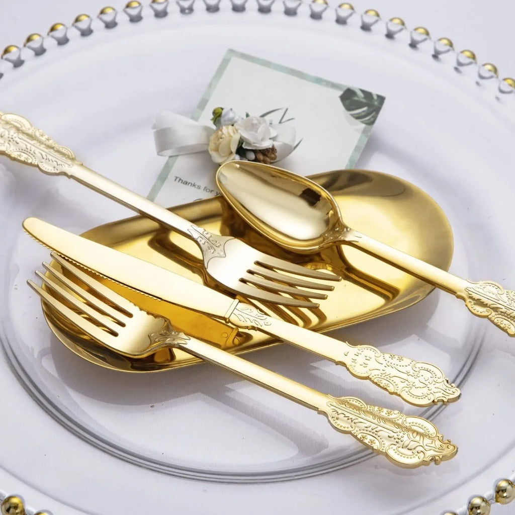 Gold Plastic Silverware Heavy Duty Elegant Disposable Utensils Gold Plastic Cutlery Set Forks Spoons for Dinner Parties Weddings