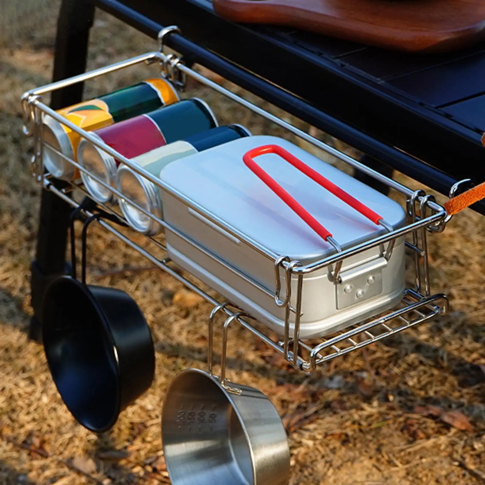 Table Side Basket Storage Rack Lightweight Stainless Steel Foldable Hanging Basket Shelf for Camping Beach Aluminum Desk Tent