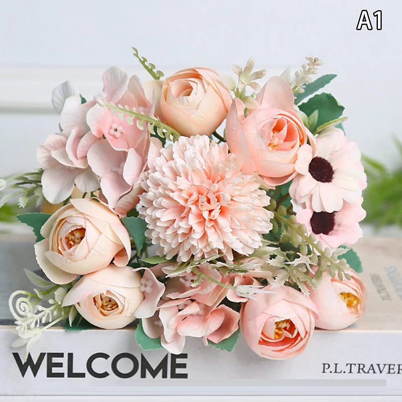 Artificial 1PC Flowers Wedding Home Bedroom Decoration Bridal Bouquet Garden Fake Silk Roses Hydrangeas Vase For Board Outdoors