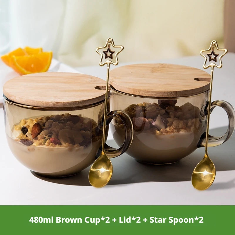 480ml Transparent Creative Glass Coffee Tea Mug Drinks Dessert Breakfast Milk Cup Glass Mugs Handle Drinkware With Cup Lid Spoon