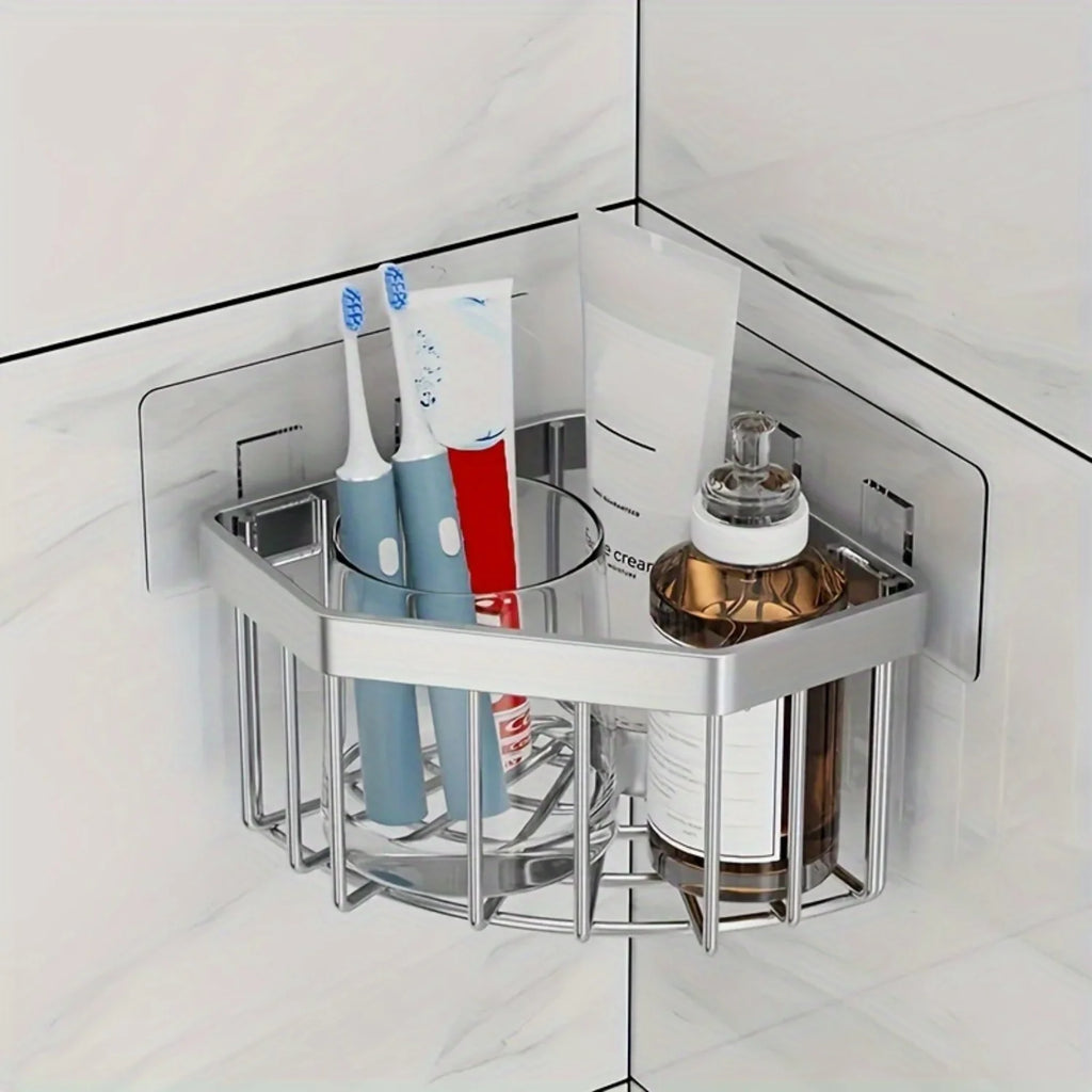 Stainless Steel Corner Sink Sponge Basket - Multifunctional Bathroom Shelf, No-Drill Caddy, 1 Piece