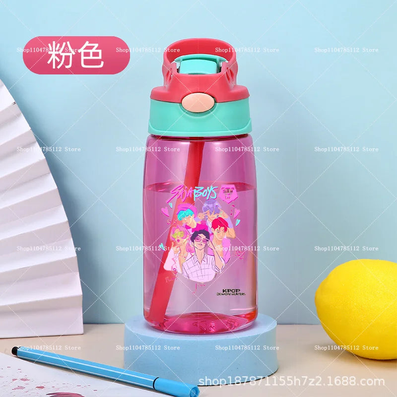 KPop Demon Hunters Drinking Glass Large Capacity Portable Plastic Mug Kids Cartoon Cute Sports Straw Drinking Cup Water Bottle