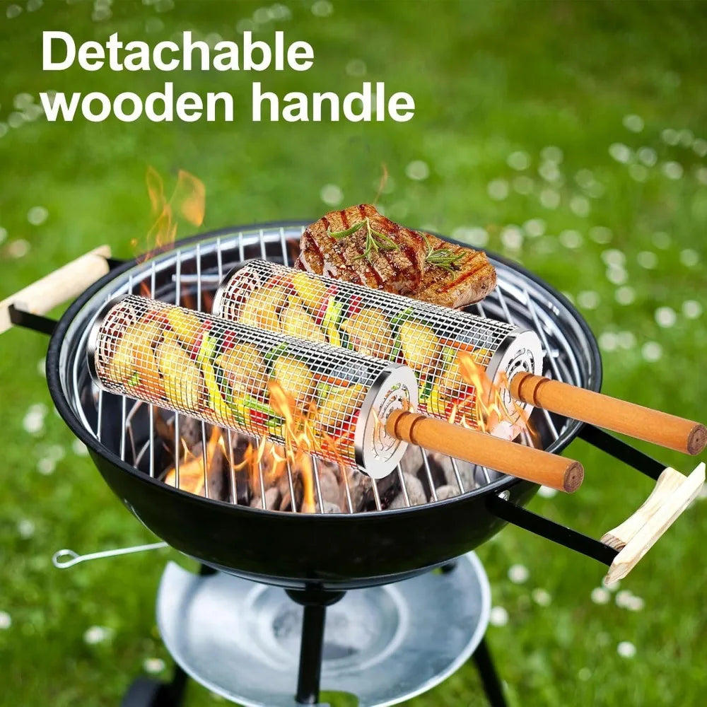 Nesting Grill Baskets 304 Stainless Steel Rolling Grilling Net Removable Wooden Handle BBQ Accessories Tools