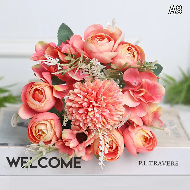 Artificial 1PC Flowers Wedding Home Bedroom Decoration Bridal Bouquet Garden Fake Silk Roses Hydrangeas Vase For Board Outdoors