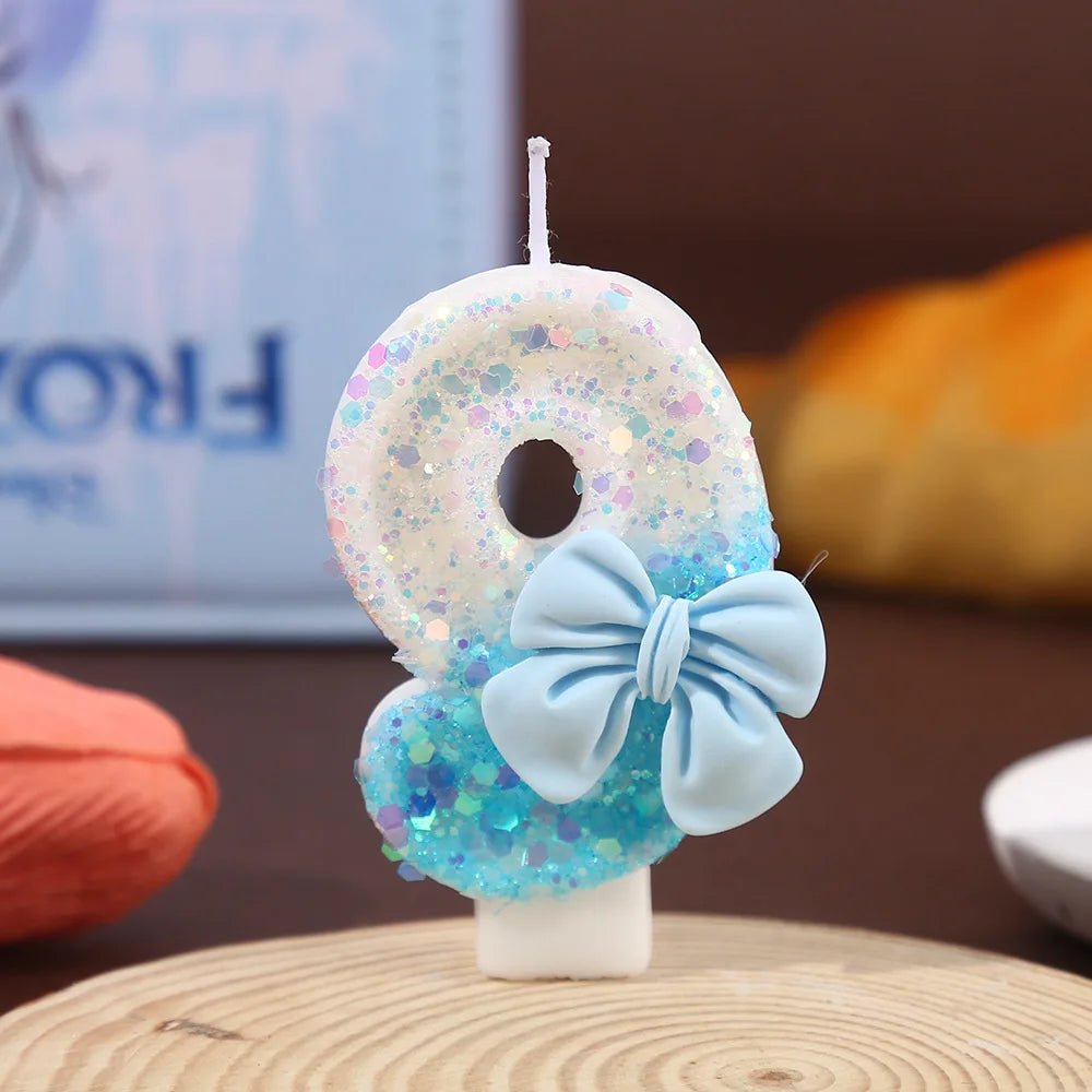 Blue and White Color Block Sequin Bow Digital Candle Birthday Party Cake Candle Creative Super Shiny Candle