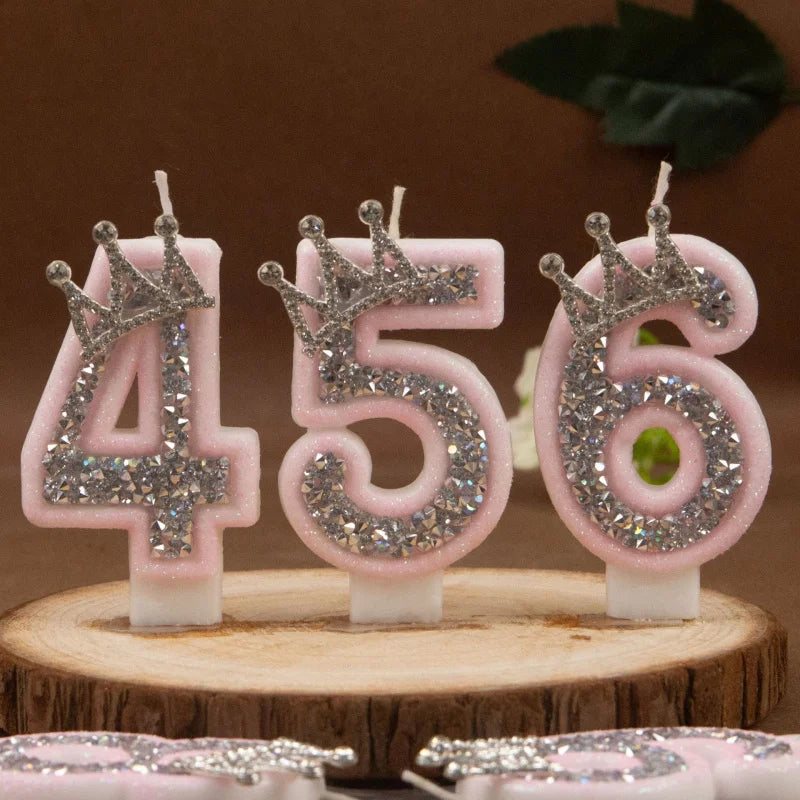 Digital Candles 0-9 Pink Silver Rhinestone Crown Creative Cake Decorative Birthday Candles