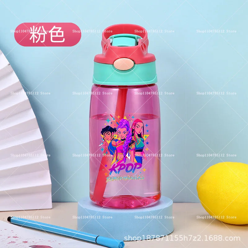KPop Demon Hunters Drinking Glass Large Capacity Portable Plastic Mug Kids Cartoon Cute Sports Straw Drinking Cup Water Bottle