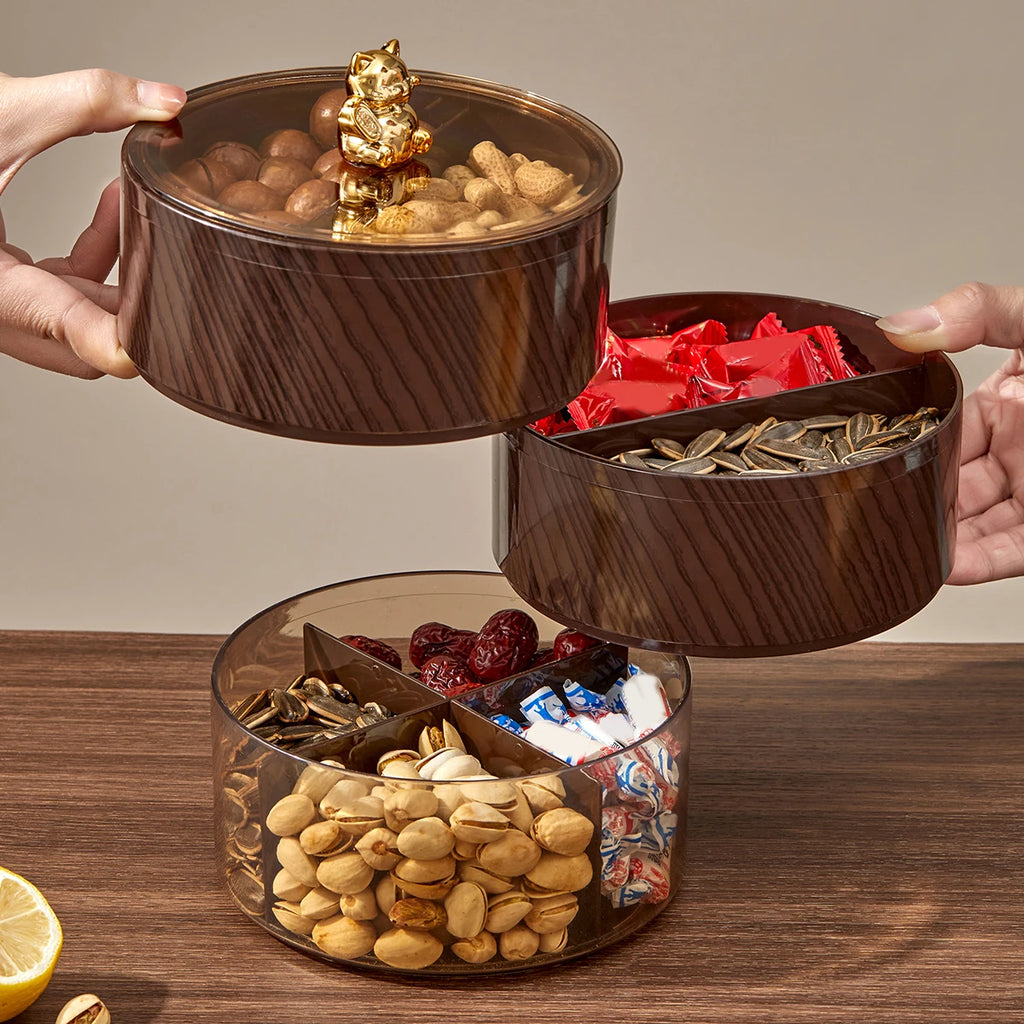 WORTHBUY Round Plastic Food Serving Tray With Lid 1/2/3 Layer Snack Fruit Tray Divided Dried Fruit Candy Storage Box For Kitchen