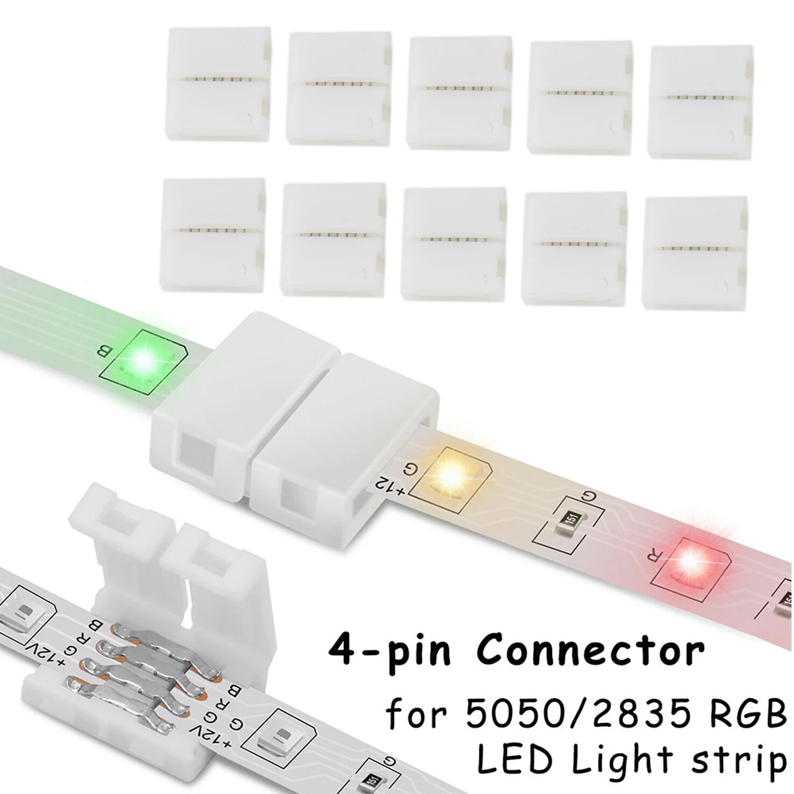 Connect Your RGB Strip Without Welding Using 10 PCS 4 Pin 10mm LED Strip Solderless Connector, Enjoy Seamless Connectivity