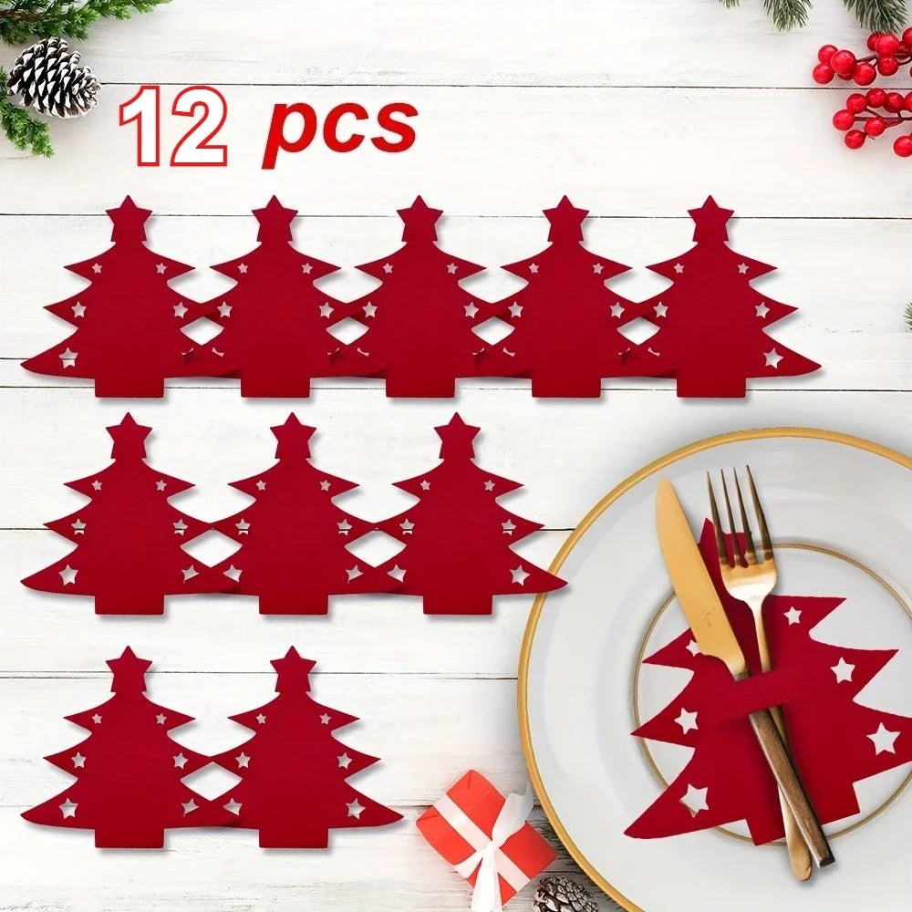 12pcs Christmas Tree Placemats Felt Fork and Spoon Bag Set Suitable for Christmas and Other Holiday Party Table Decoration