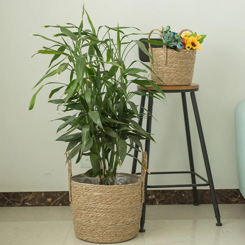 Handmade Woven Planter Basket Laundry Storage Decorative Basket Straw Wicker Rattan Seagrass Garden Flower Pot Storage Basket