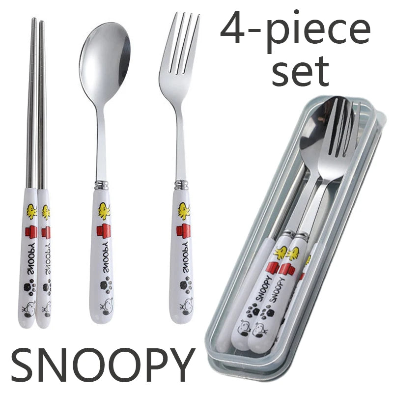4Pcs/Set Snoopy Tableware Set Stainless Steel Fork Spoon Chopsticks Outdoor Portable Travel Camping Cutlery with Storage Box