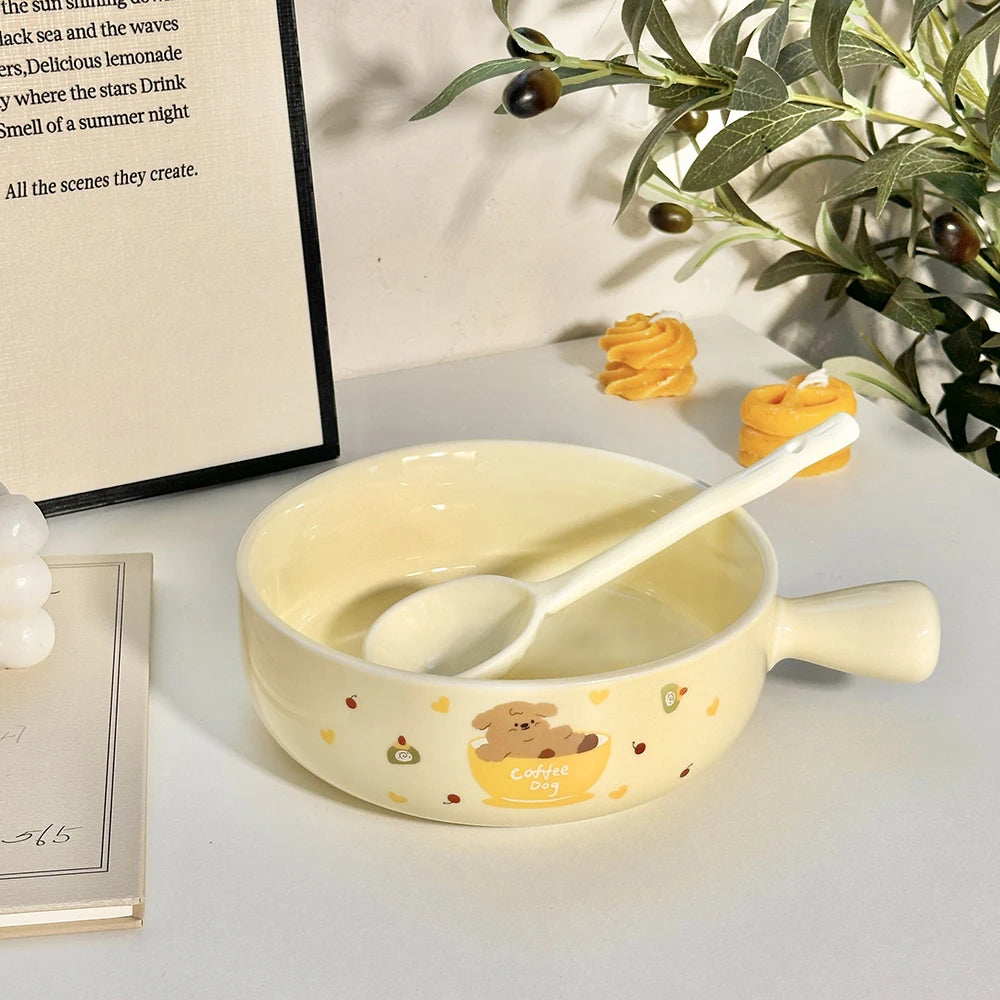 Printed Puppy Dog Pattern Ceramic Bowl Set Underglaze Color Tableware Sweet Style 3 Piece With Spoon For Daily Home Use Dining
