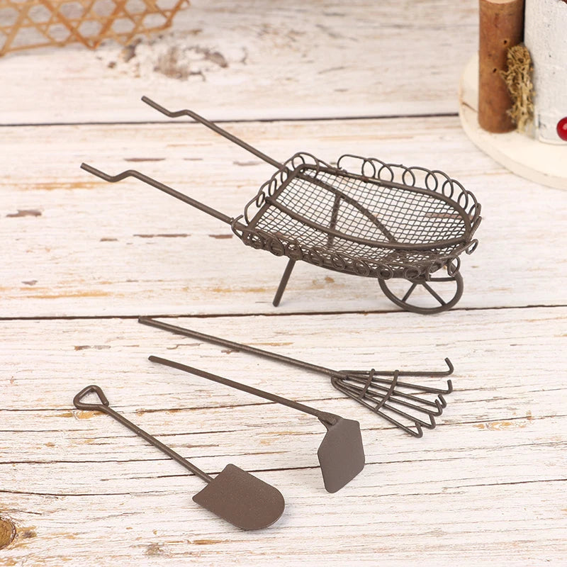 1/12 Dollhouse Simulation Garden Tools Kit Dollhouse Shovel Rake Hoe Cart Farm Tool Ornaments Dolls House Accessories