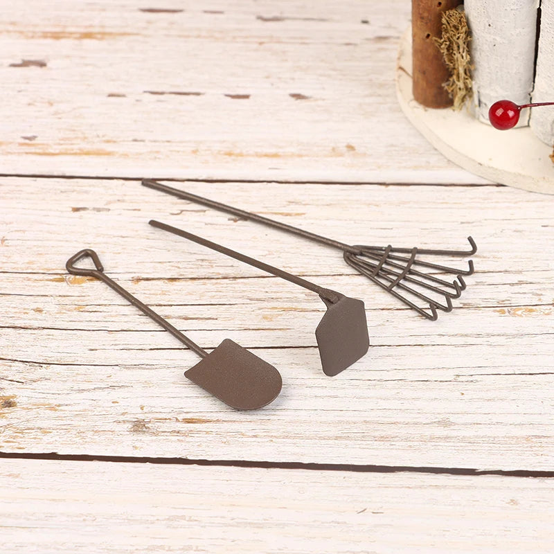 1/12 Dollhouse Simulation Garden Tools Kit Dollhouse Shovel Rake Hoe Cart Farm Tool Ornaments Dolls House Accessories